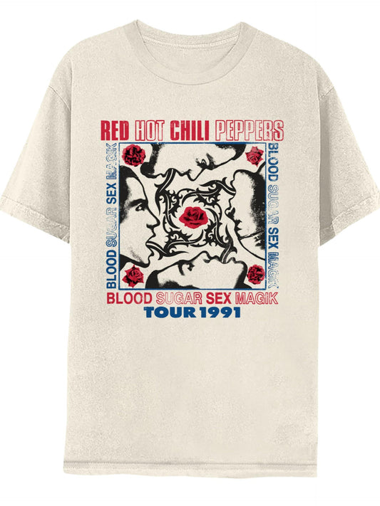 Red Hot Chili Peppers Magic Tour '91 Adult Natural T Shirt 90s Funk Rock Music Vintage Style Graphic Tees Tragic Kingdom 220gsm Cotton Round Neck Short Sleeve Casual Henley Shirt Men T-shirt