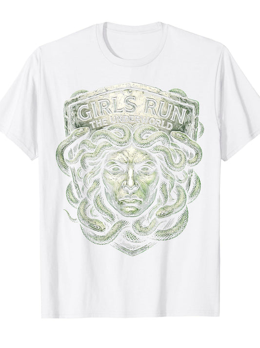 Run The Underworld Medusa Design T-shirt Tragic Kingdom 220gsm Cotton Round Neck Short Sleeve Casual Henley Shirt Men T-shirt