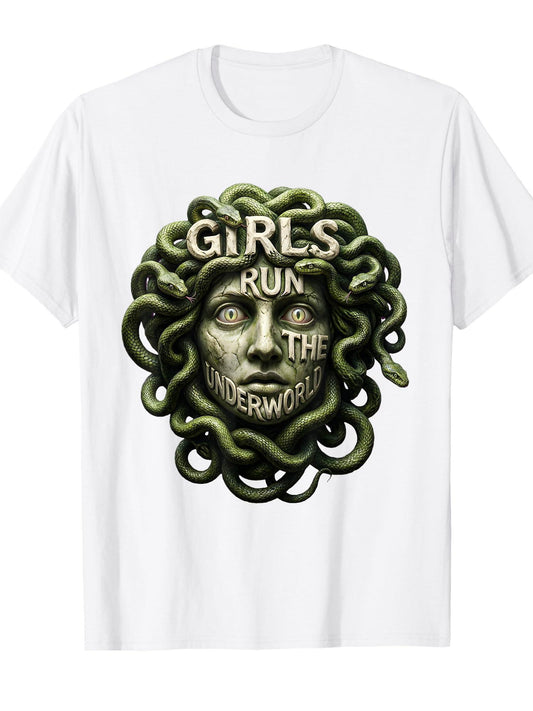 Run The Underworld Medusa Mythology Design T-shirt Tragic Kingdom 220gsm Cotton Round Neck Short Sleeve Casual Henley Shirt Men T-shirt