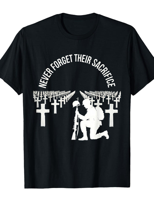 Never Forget Their Sacrifice Memorial Day Design T-shirt Tragic Kingdom 220gsm Cotton Round Neck Short Sleeve Casual Henley Shirt Men T-shirt