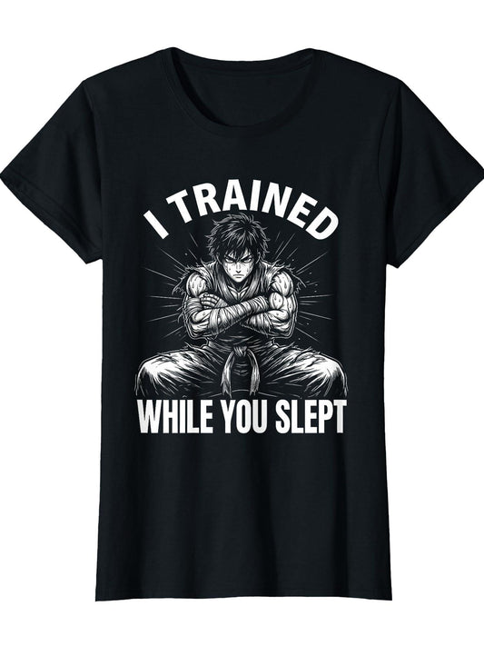 I Trained While You Slept Anime Design For Men T-shirt Tragic Kingdom 220gsm Cotton Round Neck Short Sleeve Casual Henley Shirt Men T-shirt