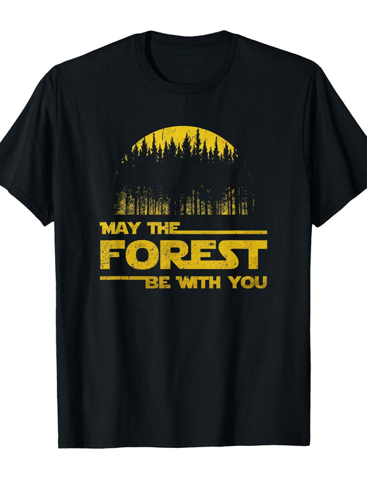 May The Forest Be With You - Camping Gifts - Sci-fi Nerd T-shirt May The Forest Be With You 220gsm Cotton Round Neck Short Sleeve Casual Henley Shirt Men T-shirt