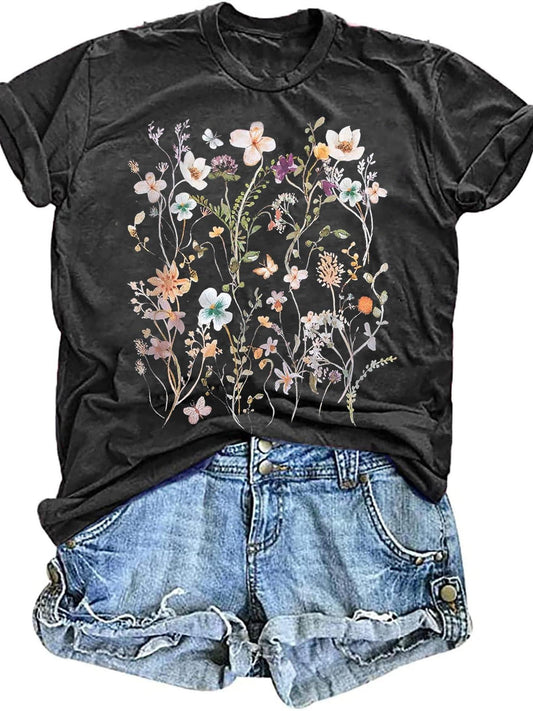 Women's Vintage Floral T Shirt Boho Wildflower Graphic Loose Tees Short Sleeve Casual Tops May The Forest Be With You 220gsm Cotton Round Neck Short Sleeve Casual Henley Shirt Men T-shirt