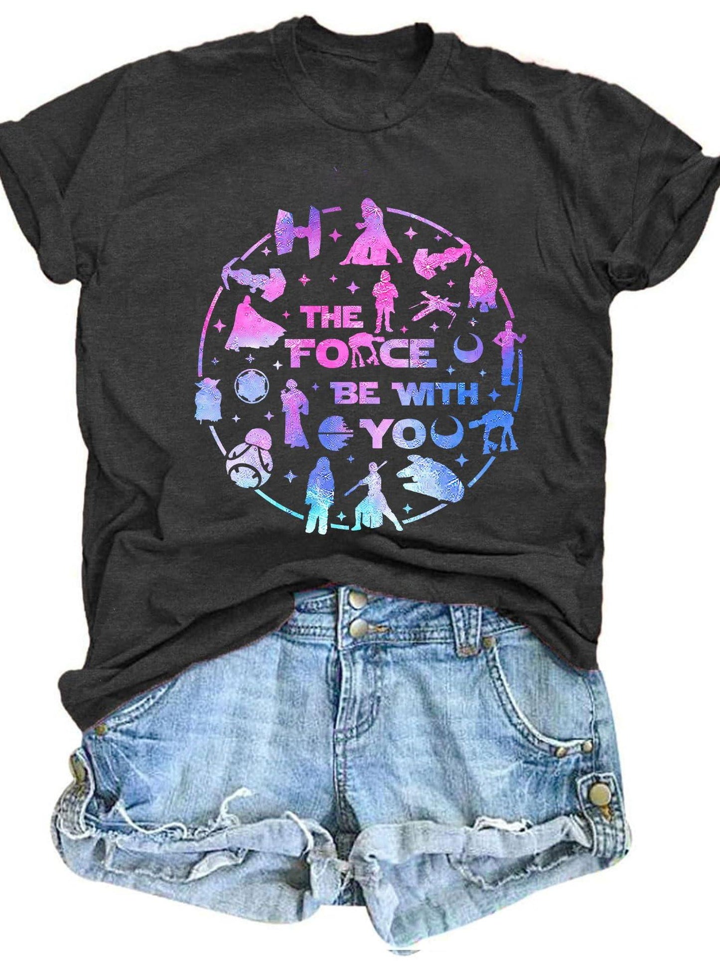 Fryaid May The Power Be With You Shirt Women Vintage Magical Tshirt Magic Graphic Tee Family Vacation Casual Short Sleeve Top May The Forest Be With You 220gsm Cotton Round Neck Short Sleeve Casual Henley Shirt Men T-shirt