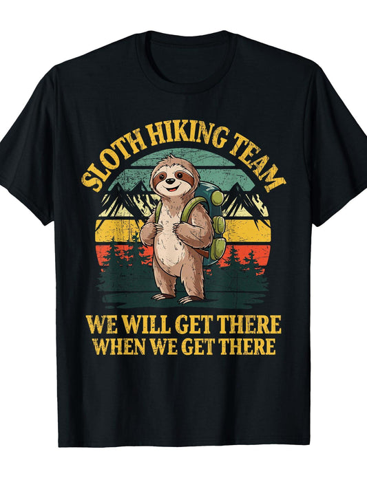 Funny Sloth Hiking T-shirt May The Forest Be With You 220gsm Cotton Round Neck Short Sleeve Casual Henley Shirt Men T-shirt