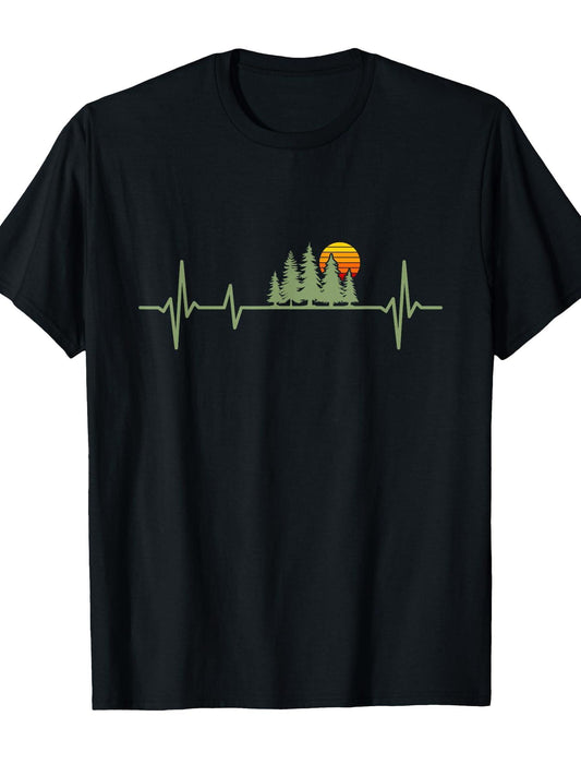 Trees Wildlife Nature Heartbeat Forest T-shirt May The Forest Be With You 220gsm Cotton Round Neck Short Sleeve Casual Henley Shirt Men T-shirt