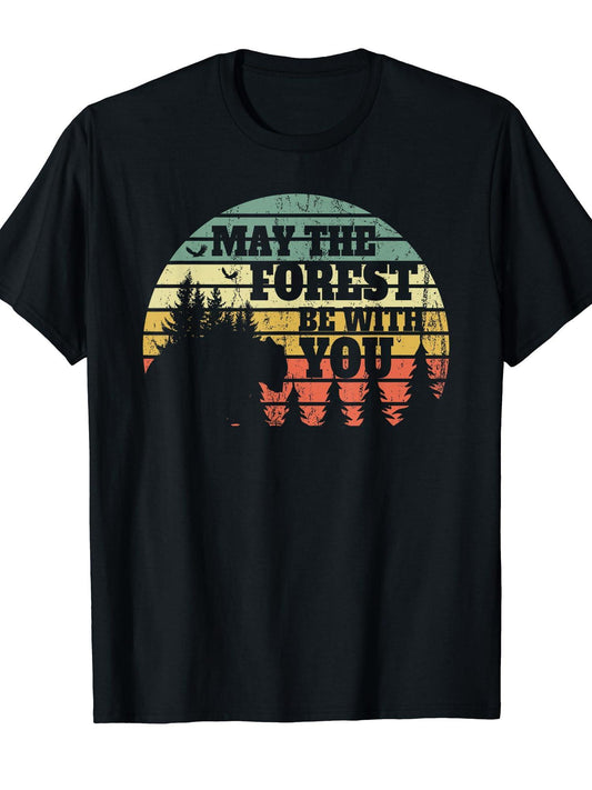 Vintage Sunset Camping Shirts May The Forest Be With You T-shirt May The Forest Be With You 220gsm Cotton Round Neck Short Sleeve Casual Henley Shirt Men T-shirt