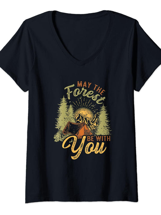 Womens May The Forest Be With You Camping T-shirt May The Forest Be With You 220gsm Cotton Round Neck Short Sleeve Casual Henley Shirt Men T-shirt