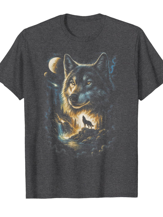Wolf Howling Moon Forest Nature Wildlife Lovers Animal Men T-shirt May The Forest Be With You 220gsm Cotton Round Neck Short Sleeve Casual Henley Shirt Men T-shirt