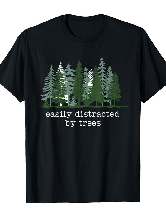 Easily Distracted By Trees Funny Nature Hiking Camping T-shirt May The Forest Be With You 220gsm Cotton Round Neck Short Sleeve Casual Henley Shirt Men T-shirt