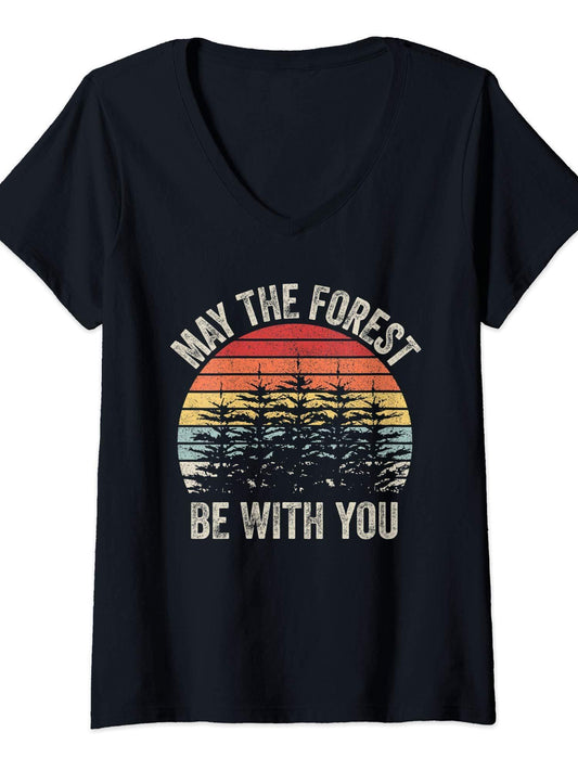 Womens Vintage Retro May The Forest Be With You T-shirt May The Forest Be With You 220gsm Cotton Round Neck Short Sleeve Casual Henley Shirt Men T-shirt