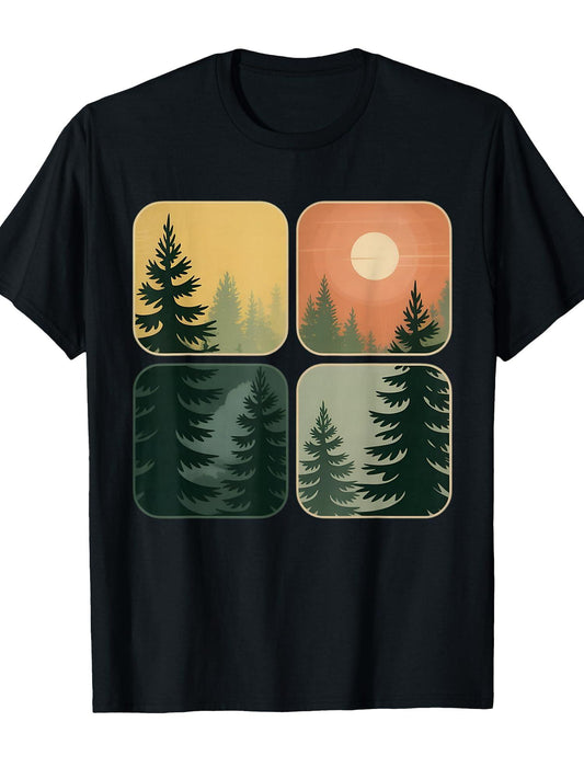 Retro Forest Trees Wildlife Nature Vintage Forest T-shirt May The Forest Be With You 220gsm Cotton Round Neck Short Sleeve Casual Henley Shirt Men T-shirt