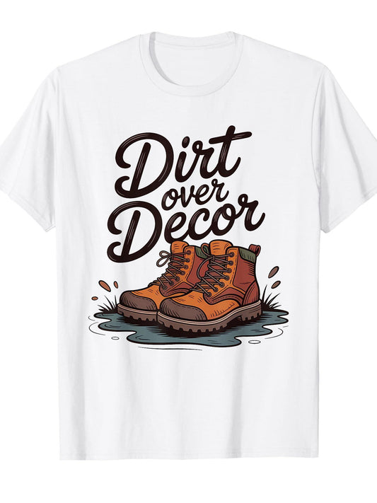 Dirt Over Decor Trekking Boots Muddy Puddle Adventure T-shirt Dirt Nerd 220gsm Cotton Round Neck Short Sleeve Casual Henley Shirt Men T-shirt