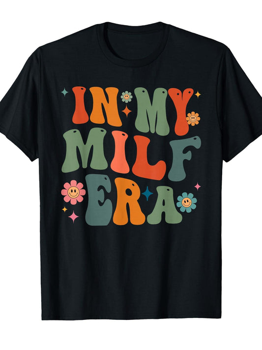In My Milf Mom Era Mother's Day Flowers Retro Groovy Women T-shirt Milf 220gsm Cotton Round Neck Short Sleeve Casual Henley Shirt Men T-shirt