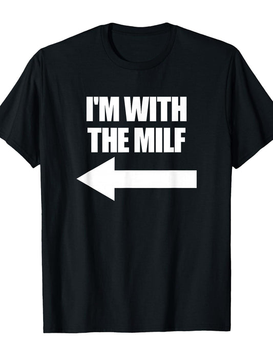 I'm With The Milf Red Heart Pointing Love Hot Milf T-shirt Milf 220gsm Cotton Round Neck Short Sleeve Casual Henley Shirt Men T-shirt