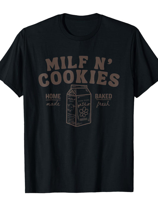 Milf N' Cookies Stay At Home Milf Funny Milf Mom Mama Milf T-shirt Milf 220gsm Cotton Round Neck Short Sleeve Casual Henley Shirt Men T-shirt