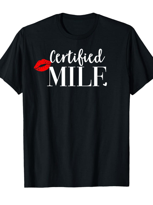 Certified Milf Shirt, Hot Mom Milf Shirts, 100% Certified Milf T-shirt Milf 220gsm Cotton Round Neck Short Sleeve Casual Henley Shirt Men T-shirt