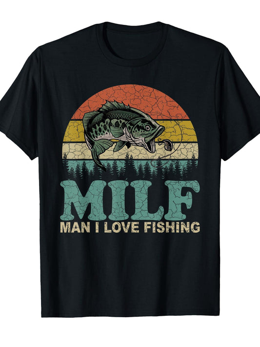 Vintage Milf-man I Love Fishing Funny Fishing Tee Fisherman T-shirt Milf 220gsm Cotton Round Neck Short Sleeve Casual Henley Shirt Men T-shirt
