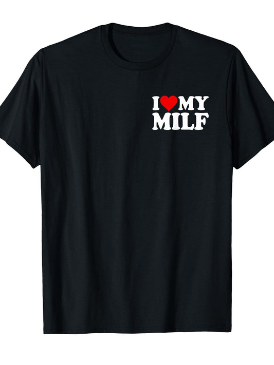 I Love Heart My Milf Wife Mom T-shirt Milf 220gsm Cotton Round Neck Short Sleeve Casual Henley Shirt Men T-shirt