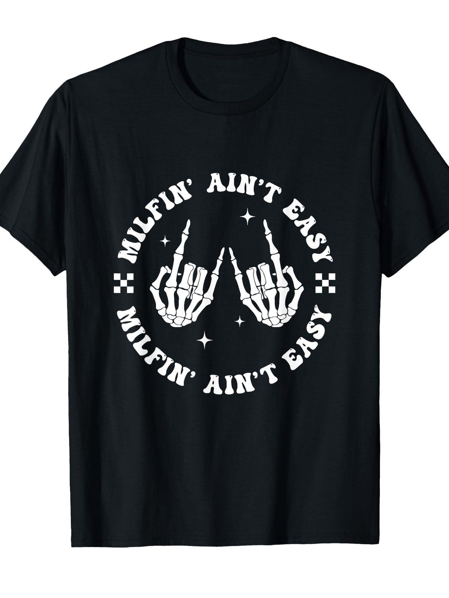 Milfin Aint Easy Funny Milf Groovy Mom Aunt Skeleton Hand T-shirt Milf 220gsm Cotton Round Neck Short Sleeve Casual Henley Shirt Men T-shirt
