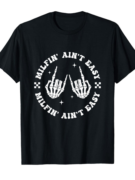 Milfin Aint Easy Funny Milf Groovy Mom Aunt Skeleton Hand T-shirt Milf 220gsm Cotton Round Neck Short Sleeve Casual Henley Shirt Men T-shirt