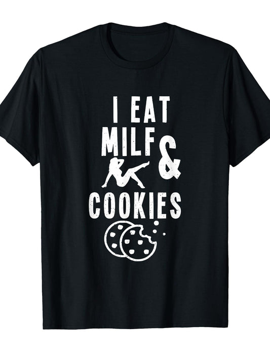 Retro Vintage I Eat Milf And Cookies Funny Cookies Lover T-shirt Milf 220gsm Cotton Round Neck Short Sleeve Casual Henley Shirt Men T-shirt
