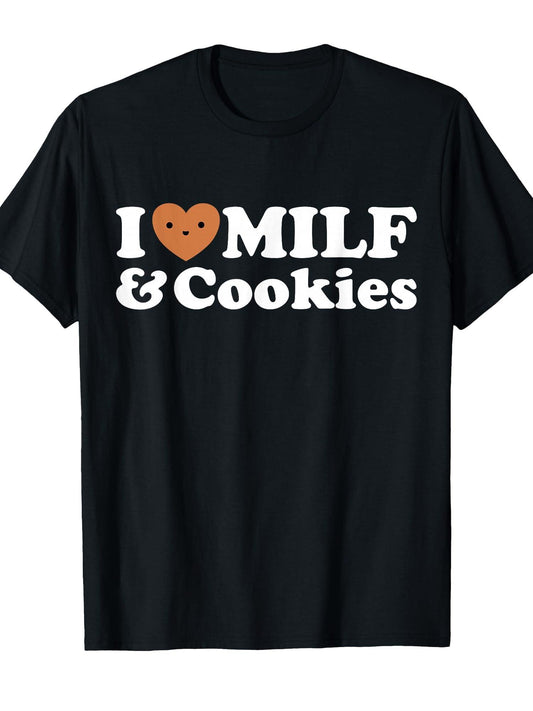 I Heart Milf & Cookies - Funny Milk Love Hot Sweet Moms Joke T-shirt Milf 220gsm Cotton Round Neck Short Sleeve Casual Henley Shirt Men T-shirt