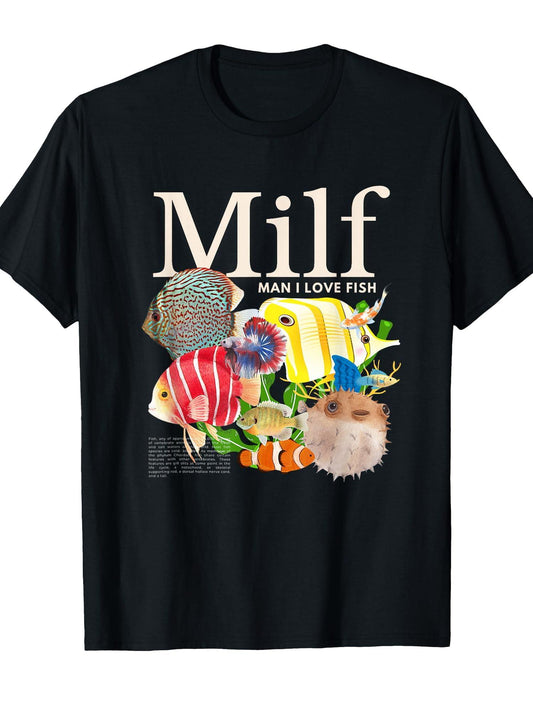Milf Man I Love Fish Funny Fisherman Humor Nature T-shirt Milf 220gsm Cotton Round Neck Short Sleeve Casual Henley Shirt Men T-shirt