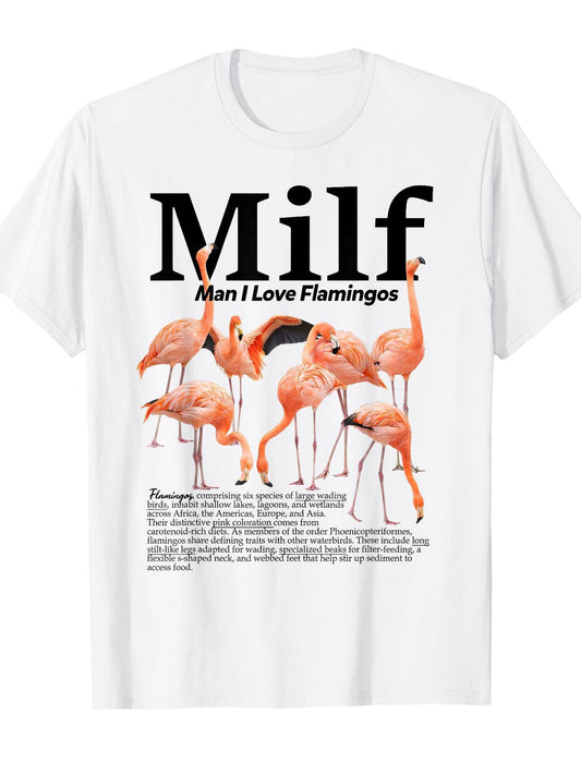 Flamingo Lover Bird Mom Wildlife Milf Man I Love Flamingos T-shirt Milf 220gsm Cotton Round Neck Short Sleeve Casual Henley Shirt Men T-shirt