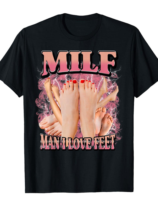 Milf Man I Love Feet Funny T-shirt Milf 220gsm Cotton Round Neck Short Sleeve Casual Henley Shirt Men T-shirt