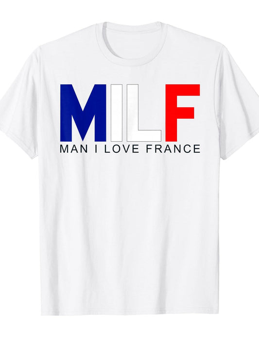Milf Man I Love France Funny Adult Naughty Quote Flag Joke T-shirt Milf 220gsm Cotton Round Neck Short Sleeve Casual Henley Shirt Men T-shirt