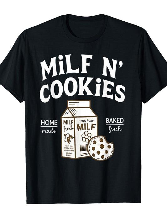Milf N' Cookies Home Made Baked Fresh Funny T-shirt Milf 220gsm Cotton Round Neck Short Sleeve Casual Henley Shirt Men T-shirt