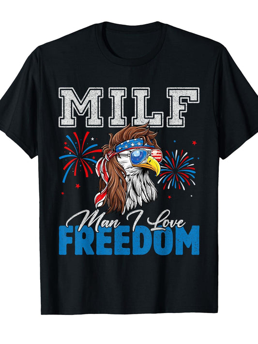 Milf Man I Love Freedom Eagle Funny Patriotic 4th Of July T-shirt Milf 220gsm Cotton Round Neck Short Sleeve Casual Henley Shirt Men T-shirt