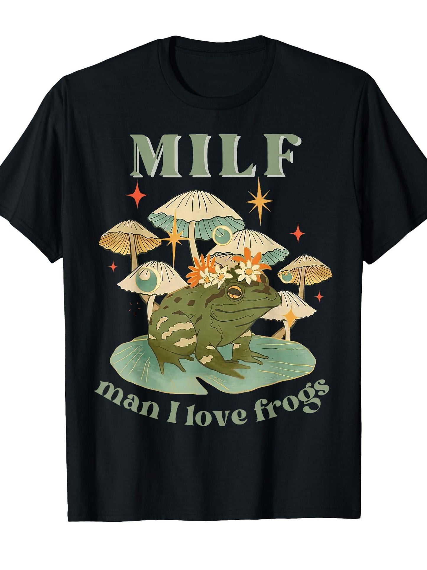 Milf Man I Love Frogs Vintage Retro Frog And Fungi Mushroom T-shirt Milf 220gsm Cotton Round Neck Short Sleeve Casual Henley Shirt Men T-shirt
