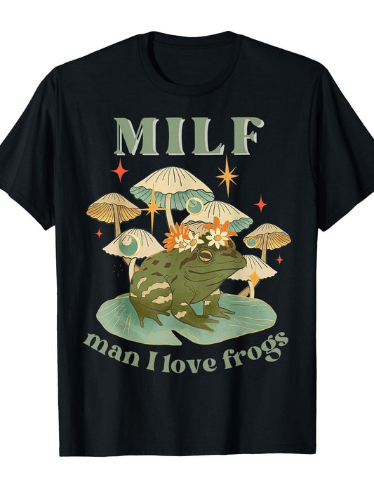Milf Man I Love Frogs Vintage Retro Frog And Fungi Mushroom T-shirt Milf 220gsm Cotton Round Neck Short Sleeve Casual Henley Shirt Men T-shirt