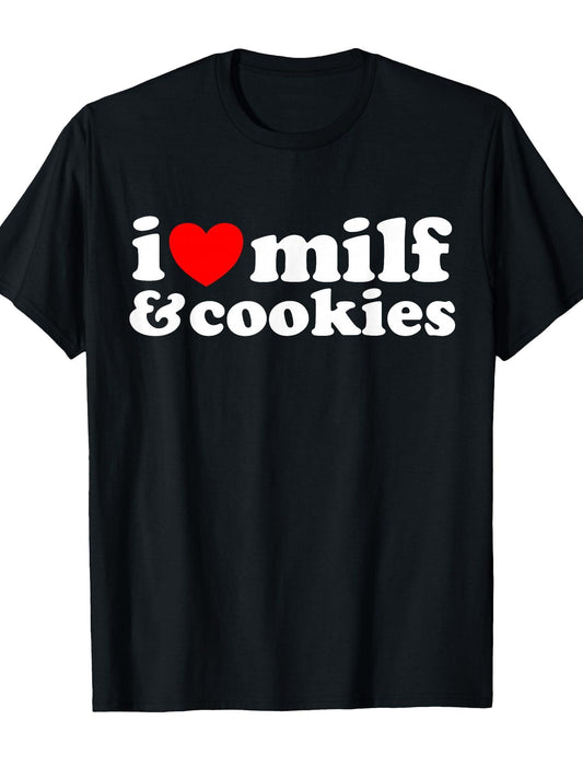 I Heart Milf & Cookies - Funny Milk Love Hot Sweet Moms Joke T-shirt Milf 220gsm Cotton Round Neck Short Sleeve Casual Henley Shirt Men T-shirt