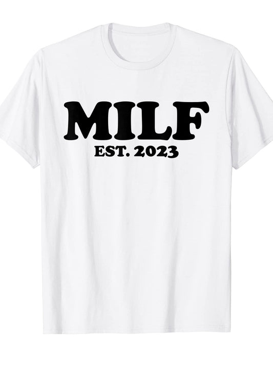 Women's Funny Shower Shirt Milf Est 2023 Expecting Mom T-shirt Milf 220gsm Cotton Round Neck Short Sleeve Casual Henley Shirt Men T-shirt