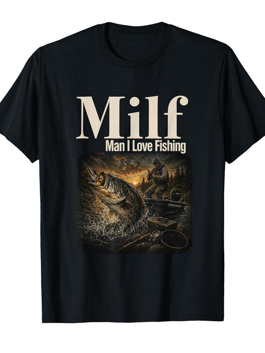 Fishing Milf Man I Love It Funny T-shirt Milf 220gsm Cotton Round Neck Short Sleeve Casual Henley Shirt Men T-shirt