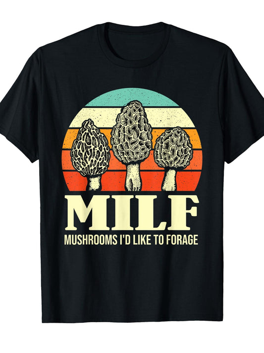 Milf Mushrooms I'd Like To Forage Funny Mushroom Lover Gift T-shirt Milf 220gsm Cotton Round Neck Short Sleeve Casual Henley Shirt Men T-shirt