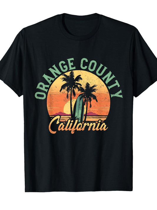 Orange County California Retro Surfer Vintage Beach T-shirt Orange County 220gsm Cotton Round Neck Short Sleeve Casual Henley Shirt Men T-shirt