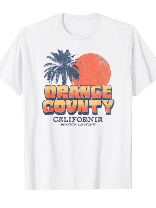 Orange County California Retro Sunset Palm Tree Cali Beach T-shirt Orange County 220gsm Cotton Round Neck Short Sleeve Casual Henley Shirt Men T-shirt