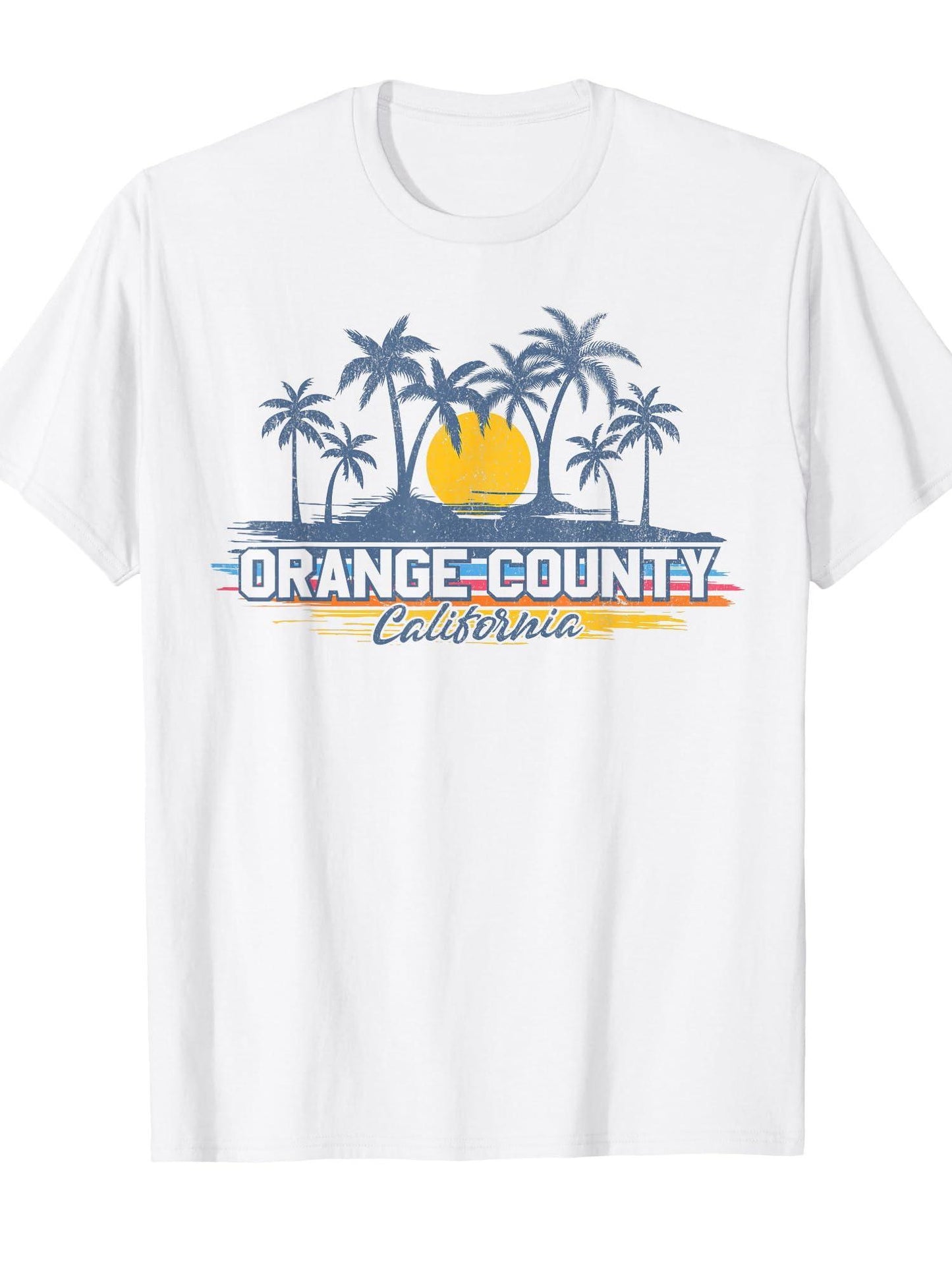 Orange County California Retro Palm Trees Sunset Vintage T-shirt Orange County 220gsm Cotton Round Neck Short Sleeve Casual Henley Shirt Men T-shirt