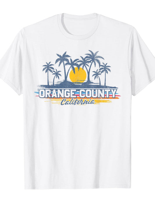 Orange County California Retro Palm Trees Sunset Vintage T-shirt Orange County 220gsm Cotton Round Neck Short Sleeve Casual Henley Shirt Men T-shirt