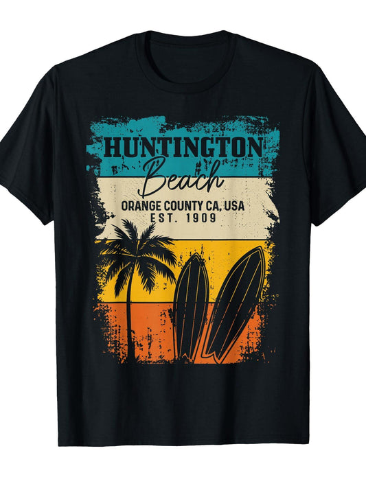 Huntington Beach Surfing Vintage Orange County California T-shirt Orange County 220gsm Cotton Round Neck Short Sleeve Casual Henley Shirt Men T-shirt
