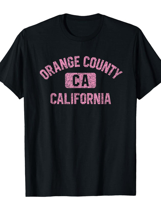 Orange County California Gym Style Distressed Pink Print T-shirt Orange County 220gsm Cotton Round Neck Short Sleeve Casual Henley Shirt Men T-shirt