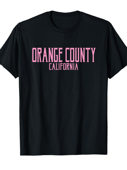 Orange County California Text Pink Print T-shirt Orange County 220gsm Cotton Round Neck Short Sleeve Casual Henley Shirt Men T-shirt
