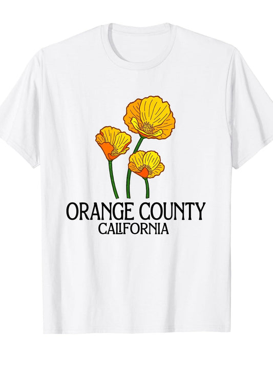 Orange County California Ca Poppy Flower State City Vintage T-shirt Orange County 220gsm Cotton Round Neck Short Sleeve Casual Henley Shirt Men T-shirt