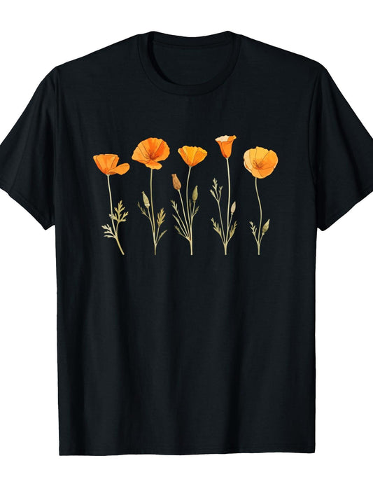 Vintage Orange California Poppy Flower T-shirt Orange County 220gsm Cotton Round Neck Short Sleeve Casual Henley Shirt Men T-shirt
