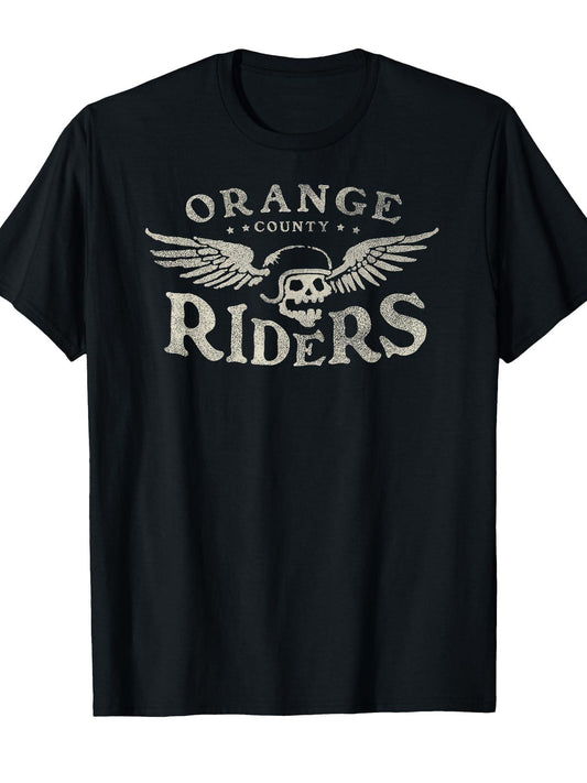 Orange County Riders - Motorcycle Skull Wings T-shirt Orange County 220gsm Cotton Round Neck Short Sleeve Casual Henley Shirt Men T-shirt