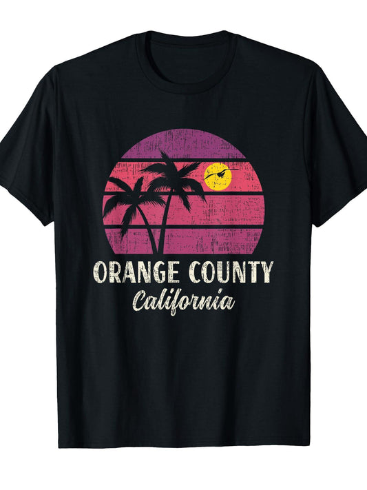 Orange County Vintage 70s Palms Sunset Retro Design T-shirt Orange County 220gsm Cotton Round Neck Short Sleeve Casual Henley Shirt Men T-shirt
